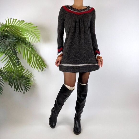 Women's Vintage Gray Knit Cottagecore Fairy Grunge Crochet Tunic Mini Dress / XS - Picture 1 of 6